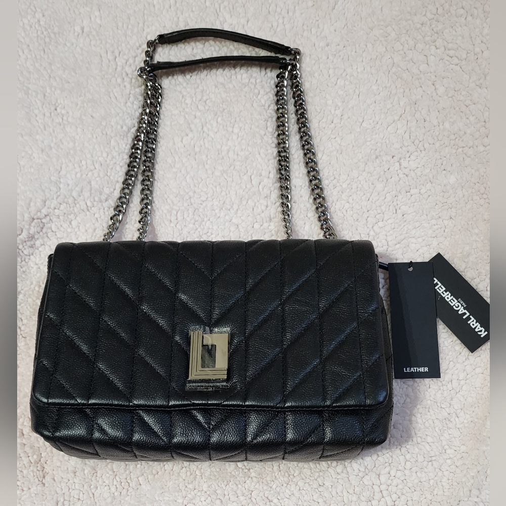 Karl Lagerfeld Black Quilted Leather Shoulder Bag with Chain Strap - Picture 3 of 7